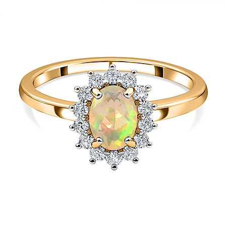 Ethiopian Welo Opal and Natural Cambodian Zircon Halo Ring in Sterling Silver with 18K Vermeil Yellow Gold