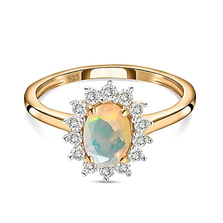 Ethiopian Welo Opal October Birthstone Halo Ring with Natural Cambodian Zircon in Sterling Silver with 18K Vermeil Yellow Gold