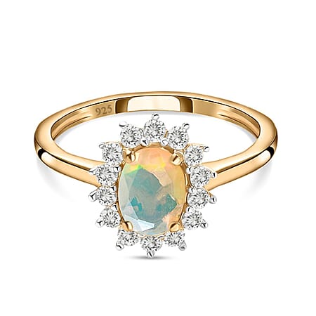 Ethiopian Welo Opal October Birthstone Halo Ring with Natural Cambodian Zircon in Sterling Silver with 18K Vermeil Yellow Gold