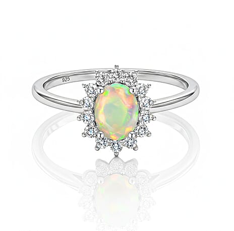 Ethiopian Welo Opal and Natural Cambodian Zircon Ring in Platinum Plating Sterling Silver 0.96 Ct.