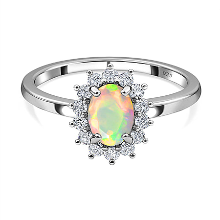 Ethiopian Welo Opal and Natural Cambodian Zircon Halo Ring in Sterling Silver with Platinum Plating