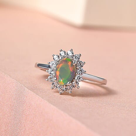 Ethiopian Welo Opal and Natural Cambodian Zircon Ring in Platinum Plating Sterling Silver 0.96 Ct.
