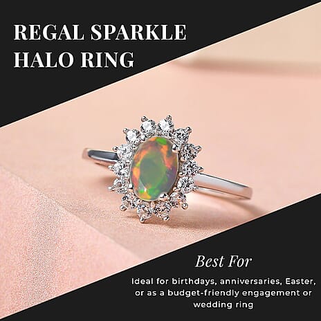 Ethiopian Welo Opal and Natural Cambodian Zircon Ring in Platinum Plating Sterling Silver 0.96 Ct.