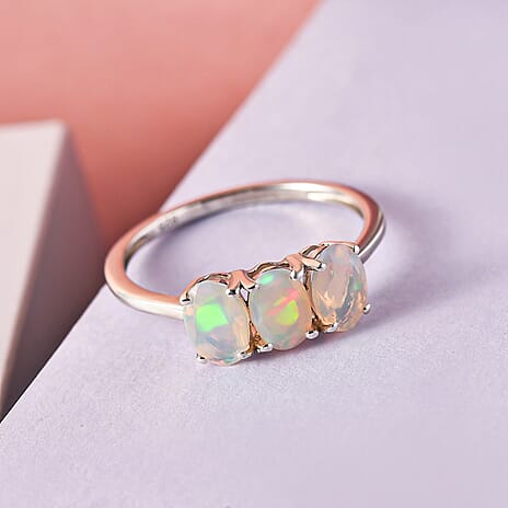 Ethiopian Welo Opal Trilogy Ring in Platinum Overlay Sterling Silver