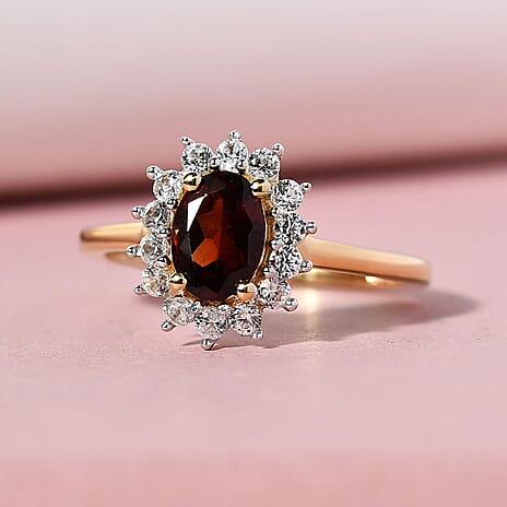 Mozambique Garnet and Natural Cambodian Zircon Ring in 18K Vermeil Yellow Gold Plated Sterling Silver 1.33 Ct