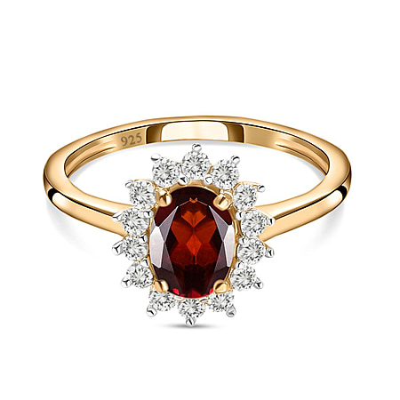 Mozambique Garnet and Natural Cambodian Zircon Halo Ring in Sterling Silver with 18K Vermeil Yellow Gold
