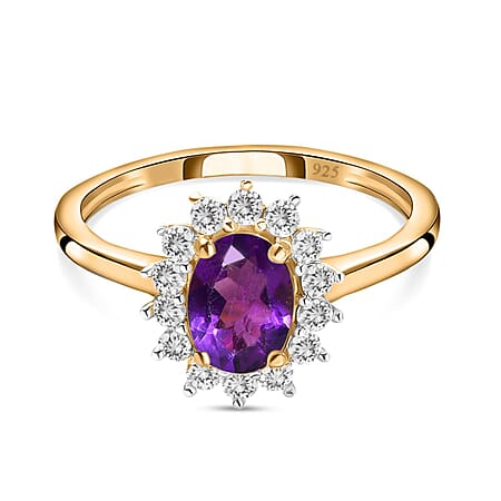 Amethyst February Birthstone Halo Ring with Natural Cambodian Zircon in Sterling Silver with 18K Vermeil Yellow Gold