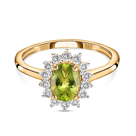 Hebei Peridot and Natural Cambodian Zircon Halo Ring in Sterling Silver with 18K Vermeil Yellow Gold