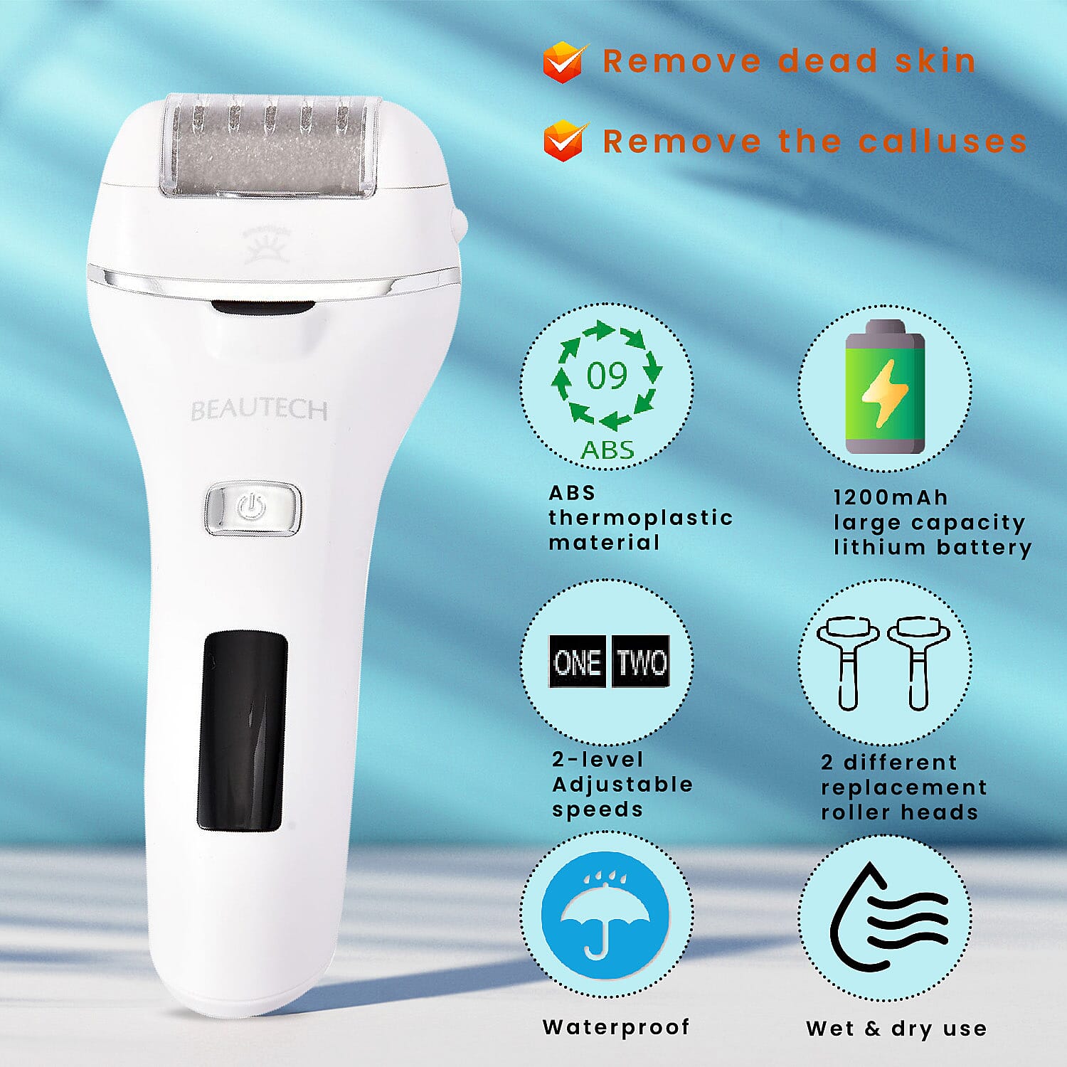 Beautech Rechargeable Wet or Dry Callus Remover (Inbuilt 1200mAh Lithium Battery) - White (360 Degree Rotation)