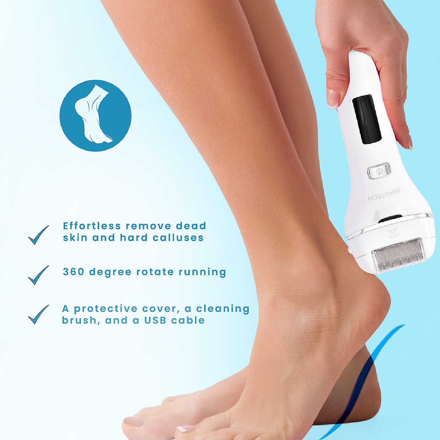 Beautech Rechargeable Wet or Dry Callus Remover (Inbuilt 1200mAh Lithium Battery) - White (360 Degree Rotation)