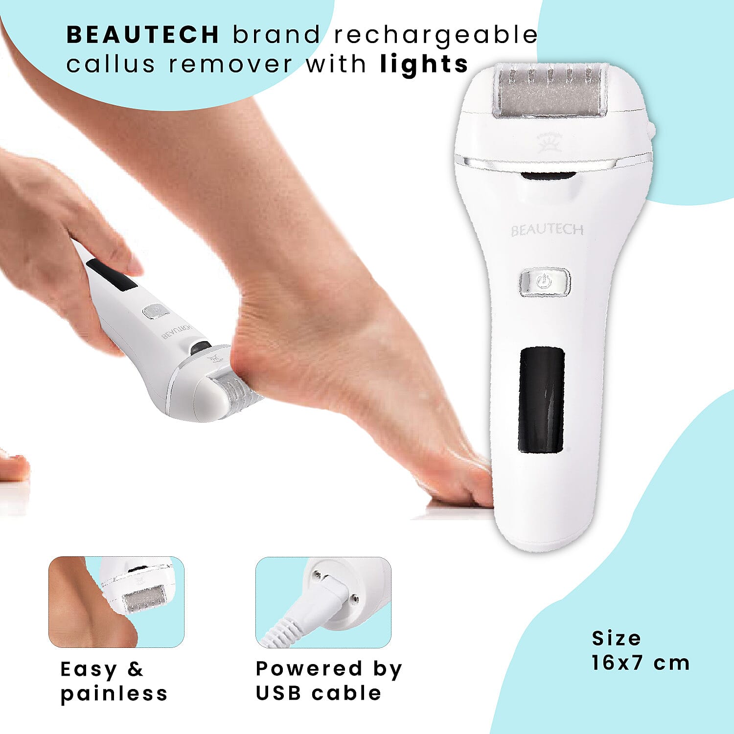 Beautech Rechargeable Wet or Dry Callus Remover (Inbuilt 1200mAh Lithium Battery) - White (360 Degree Rotation)