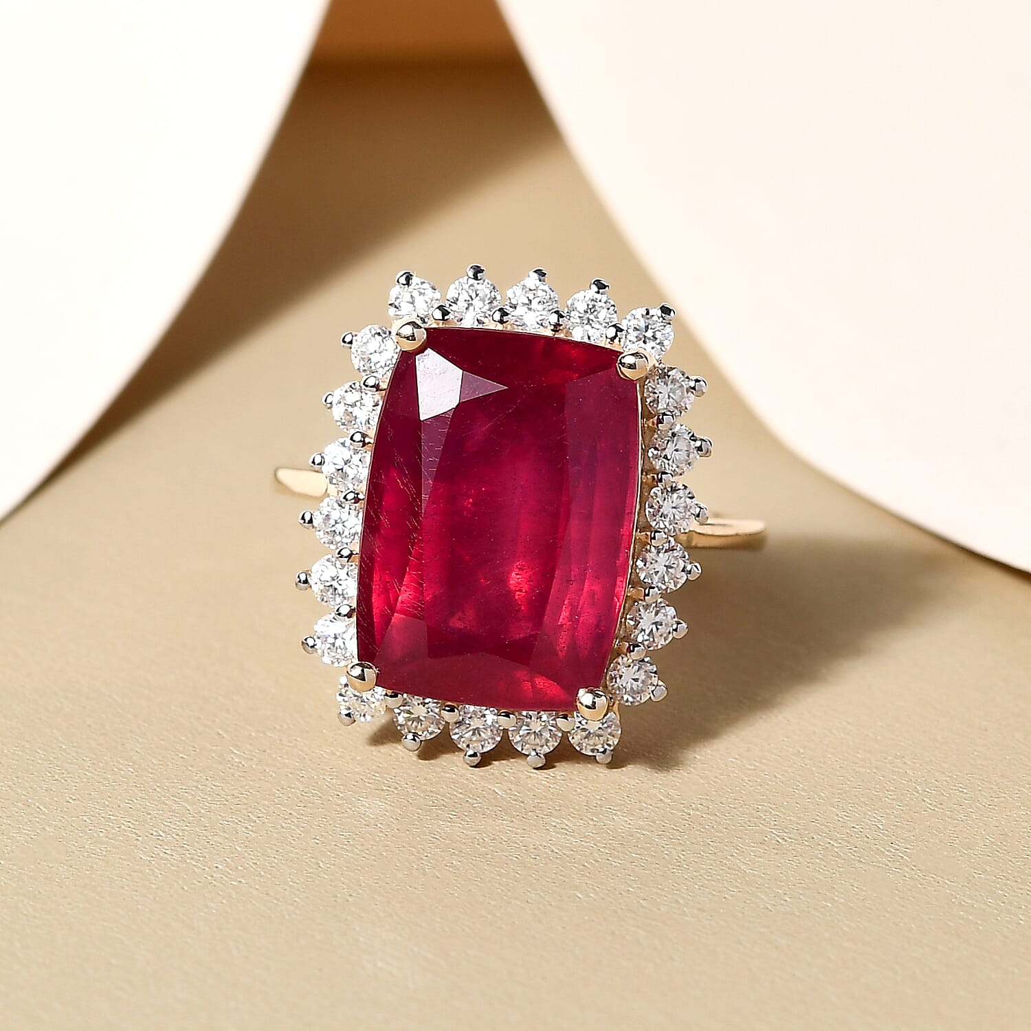 9K Yellow Gold  AA  African Ruby (FF) and Moissanite Ring 11.35 Ct.