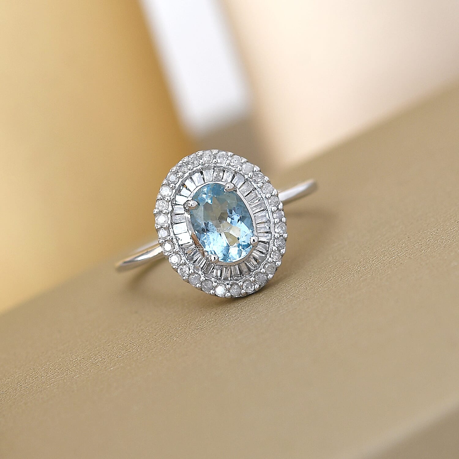 9K White Gold Premium Santamaria Aquamarine and Diamond Ring