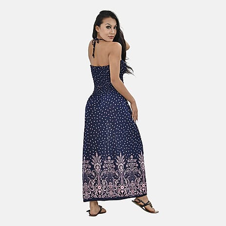 Tamsy Floral Printed Smock Dress (One Size, 8-16) - Navy Blue - Pink