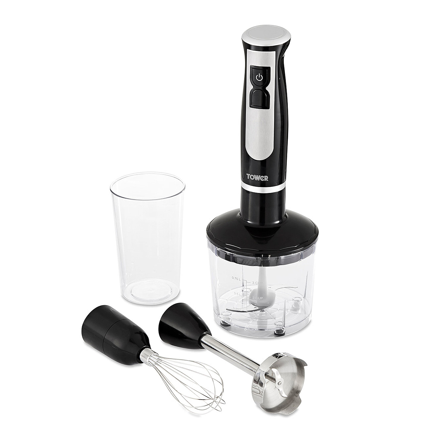 Tower - 4 in 1 Hand Blender-Chopper-Whisk with Stainless Steel Blades 600W - Black