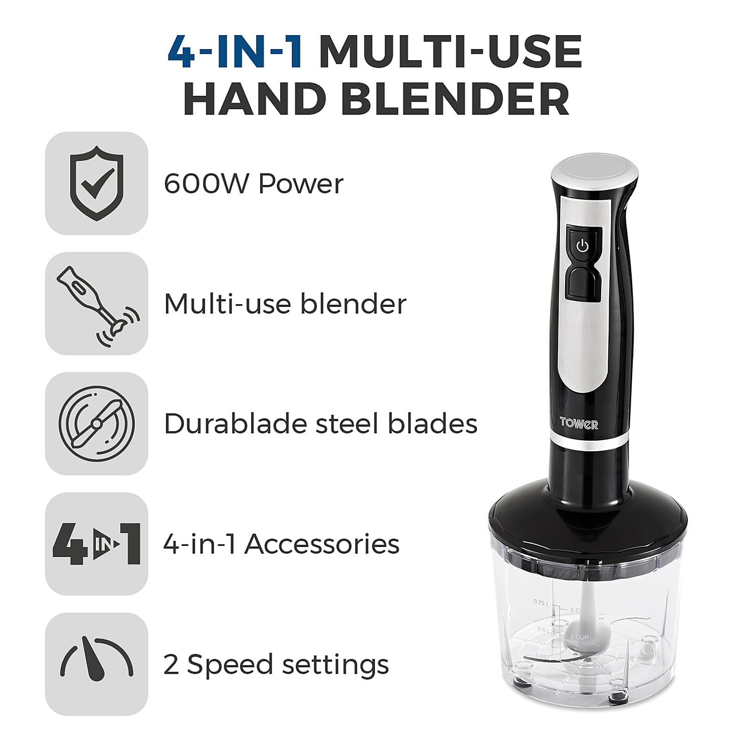 Tower - 4 in 1 Hand Blender-Chopper-Whisk with Stainless Steel Blades 600W - Black