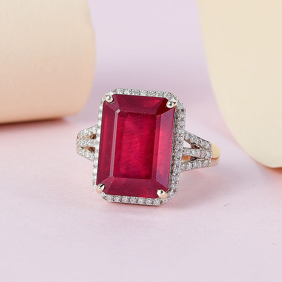 Tucson Special - 9K Yellow Gold African Ruby and Moissanite Ring 11.87 Ct.