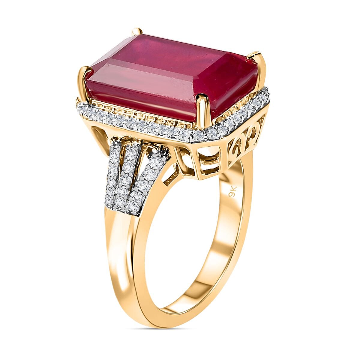 Tucson Special - 9K Yellow Gold African Ruby and Moissanite Ring 11.87 Ct.