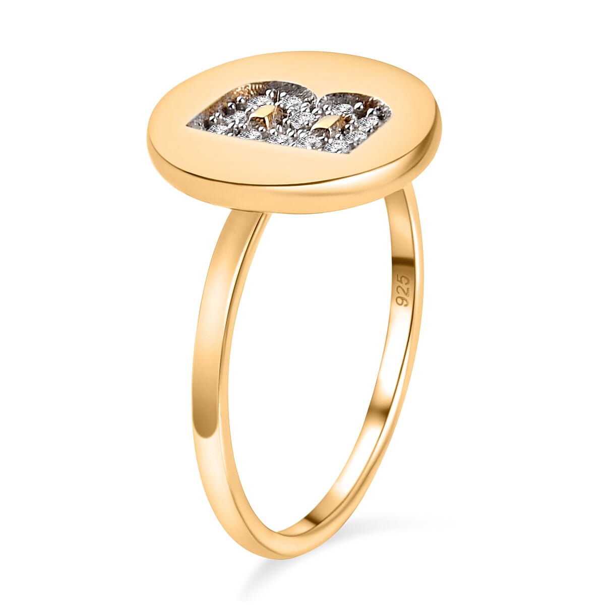 White Diamond Initial-B Ring in 14K Gold Overlay Sterling Silver