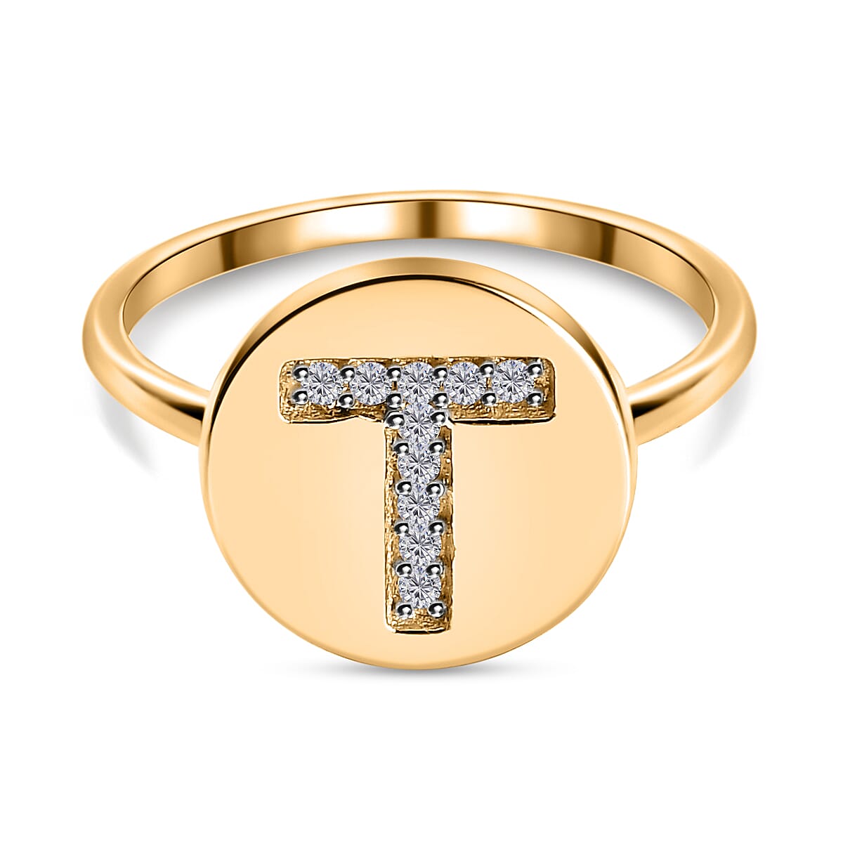 White Diamond Initial-T Ring in 14K Gold Overlay Sterling Silver