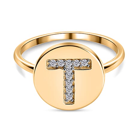 White Diamond Initial-T Ring in 14K Gold Overlay Sterling Silver