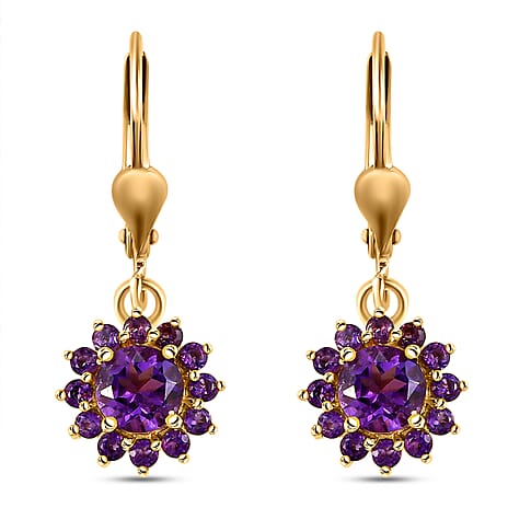 Amethyst Hoop Earrings ( With Lever Back)  in 14K Gold Overlay Sterling Silver 2.28 Ct.