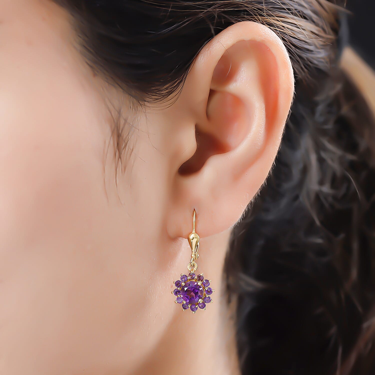 Amethyst Hoop Earrings ( With Lever Back)  in 14K Gold Overlay Sterling Silver 2.28 Ct.