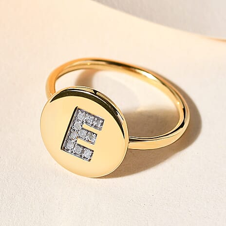 White Diamond Initial-E Ring in 14K Gold Overlay Sterling Silver