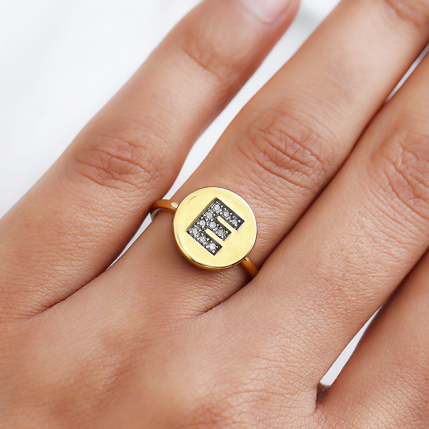 White Diamond Initial-E Ring in 14K Gold Overlay Sterling Silver