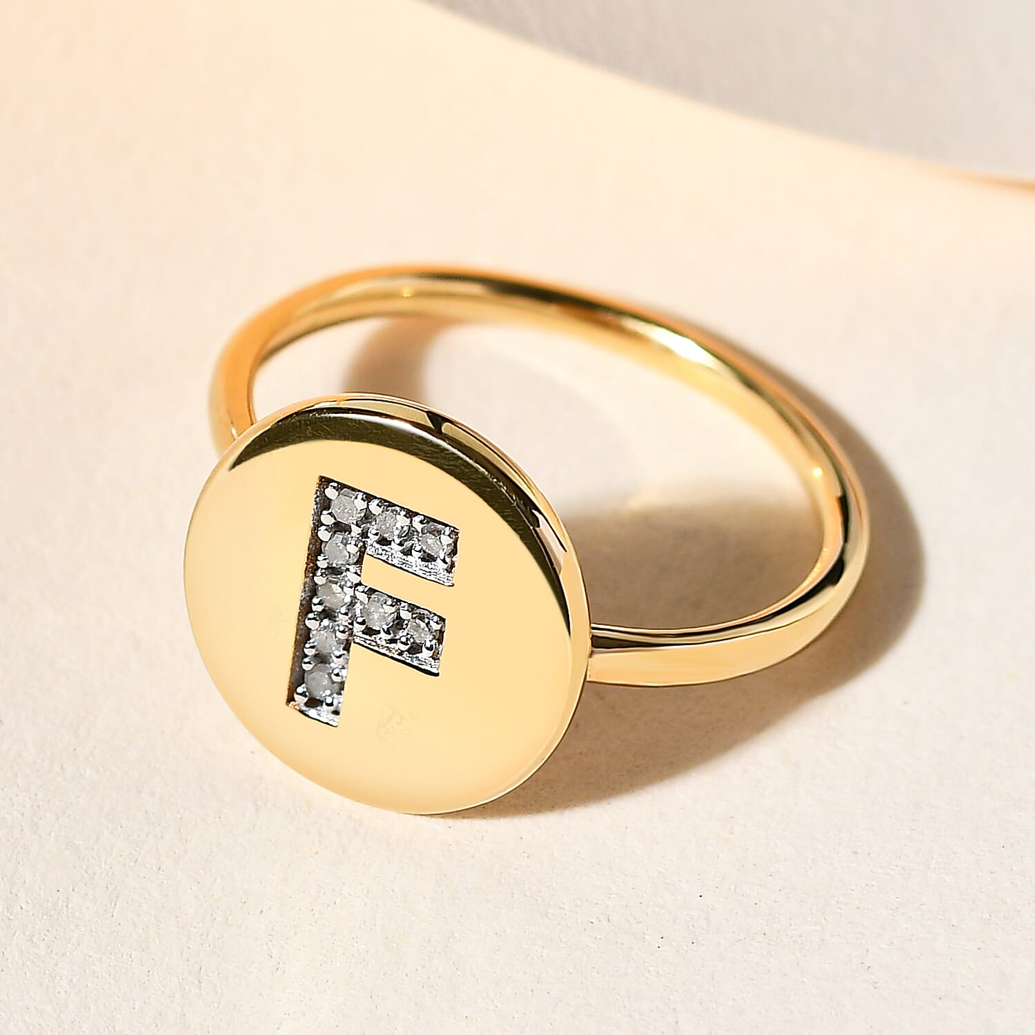 White Diamond Initial-F Ring in 14K Gold Overlay Sterling Silver