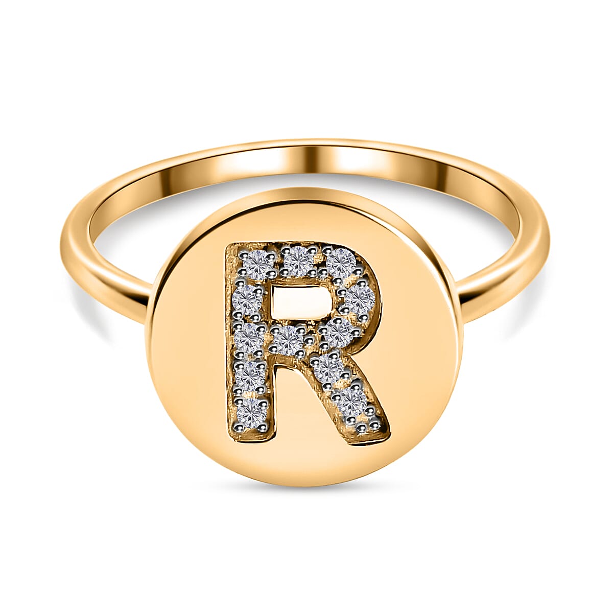 White Diamond Initial-R Ring in 14K Gold Overlay Sterling Silver