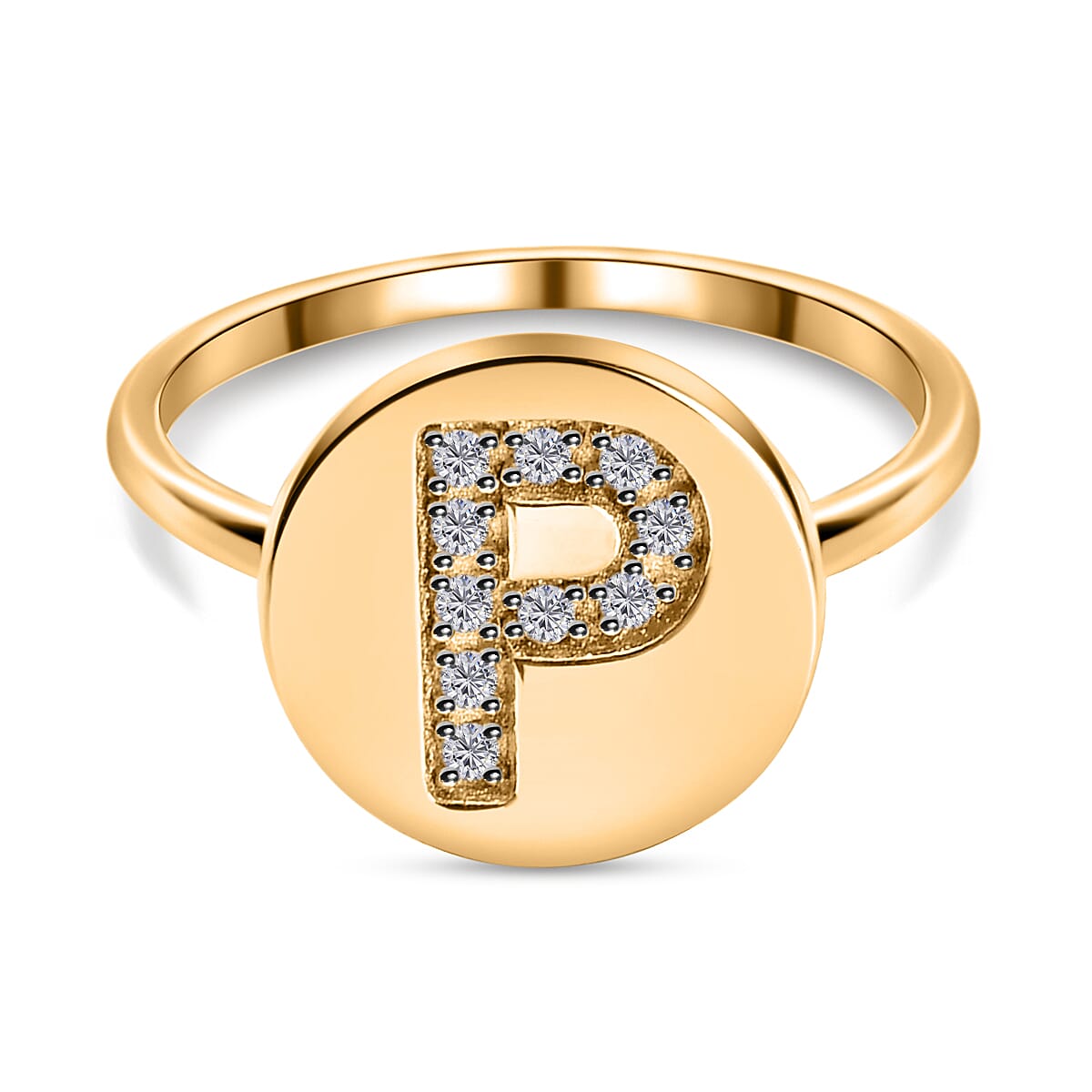 White Diamond Initial-P Ring in 14K Gold Overlay Sterling Silver