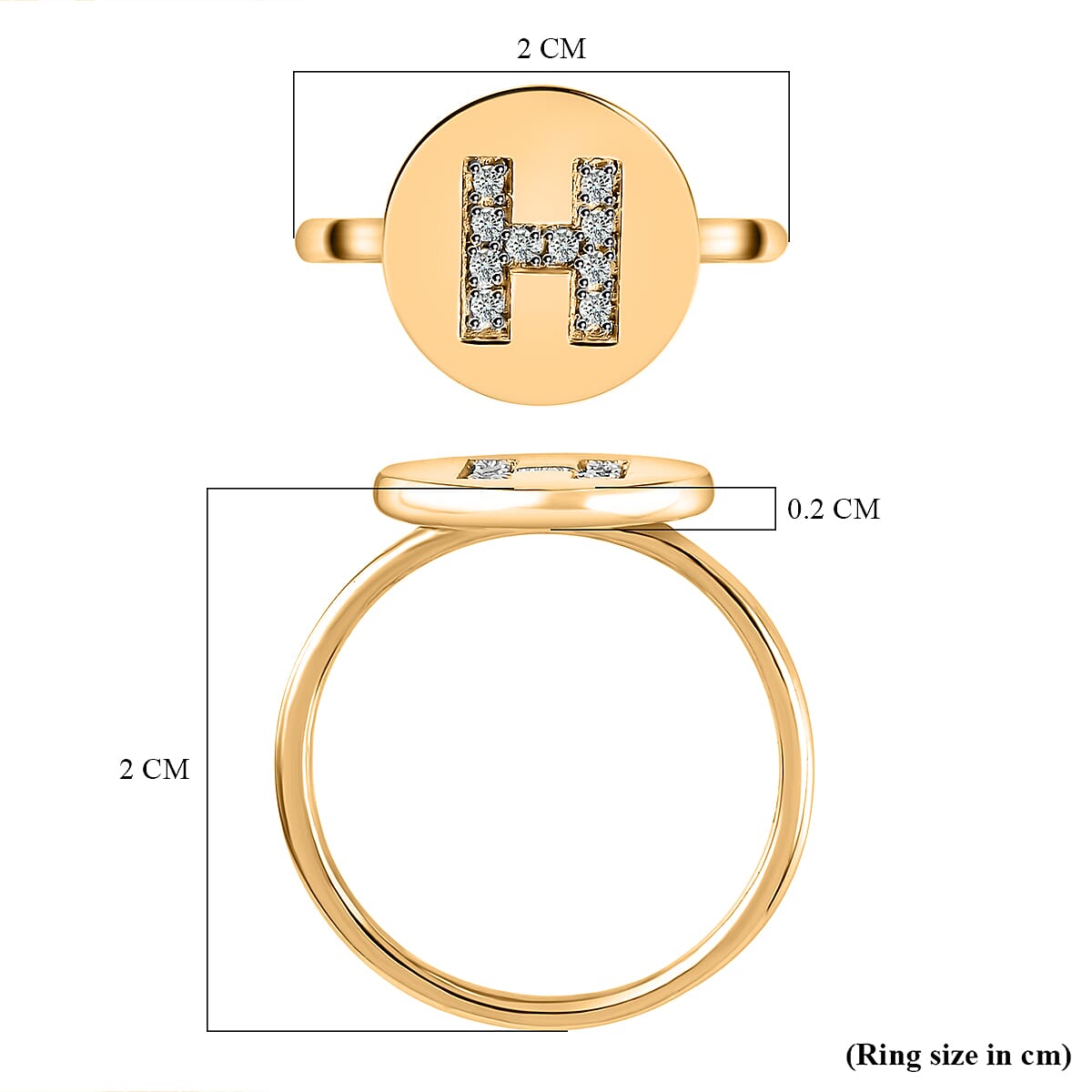 White Diamond Initial-H Ring in 14K Gold Overlay Sterling Silver