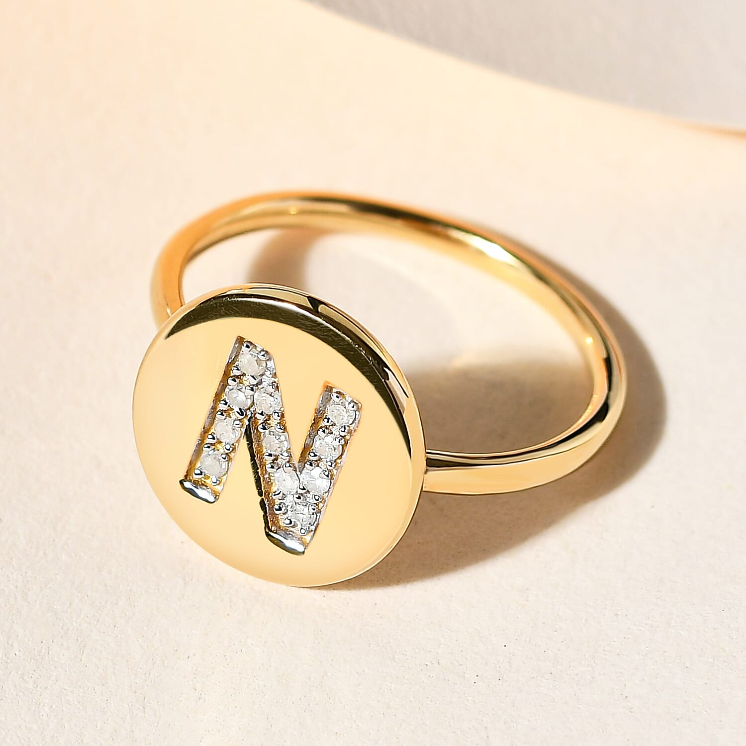 White Diamond Initial-N Ring in 14K Gold Overlay Sterling Silver