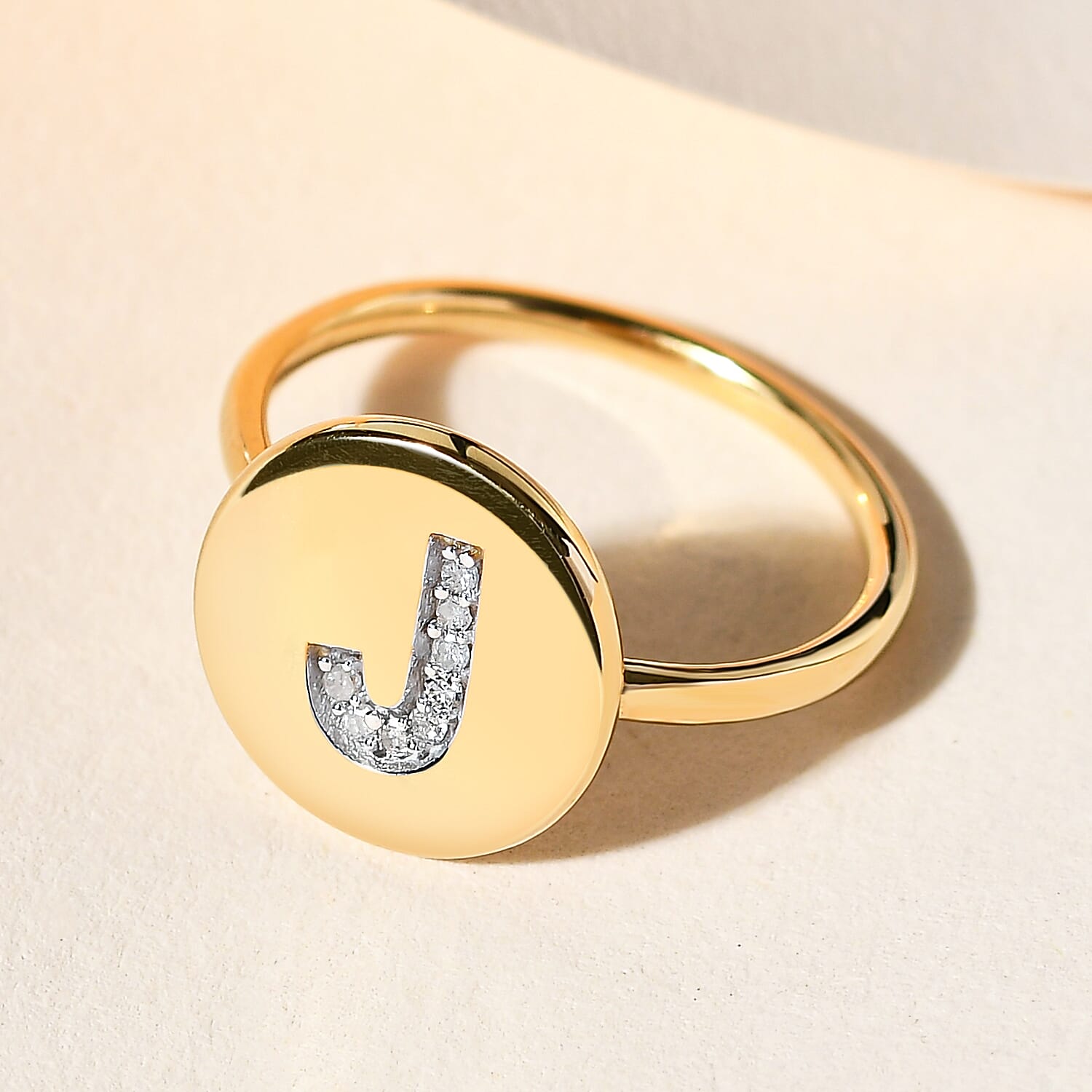Natural White Diamond Initial-J Ring in 18K Yellow Gold Vermeil Plated Sterling Silver.