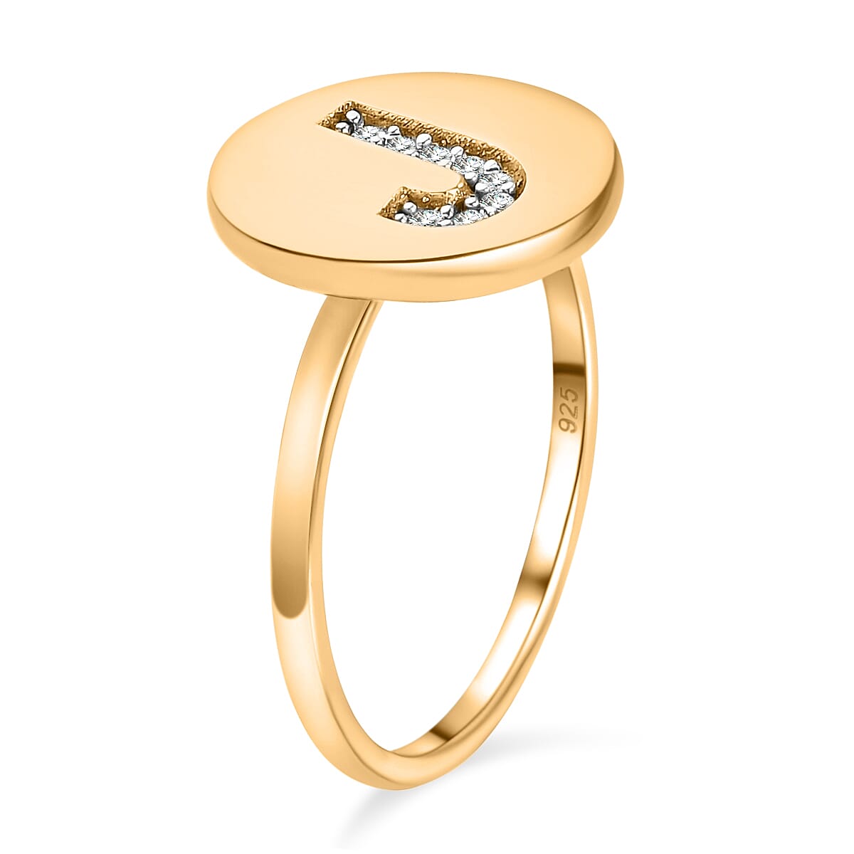 Natural White Diamond Initial-J Ring in 18K Yellow Gold Vermeil Plated Sterling Silver.