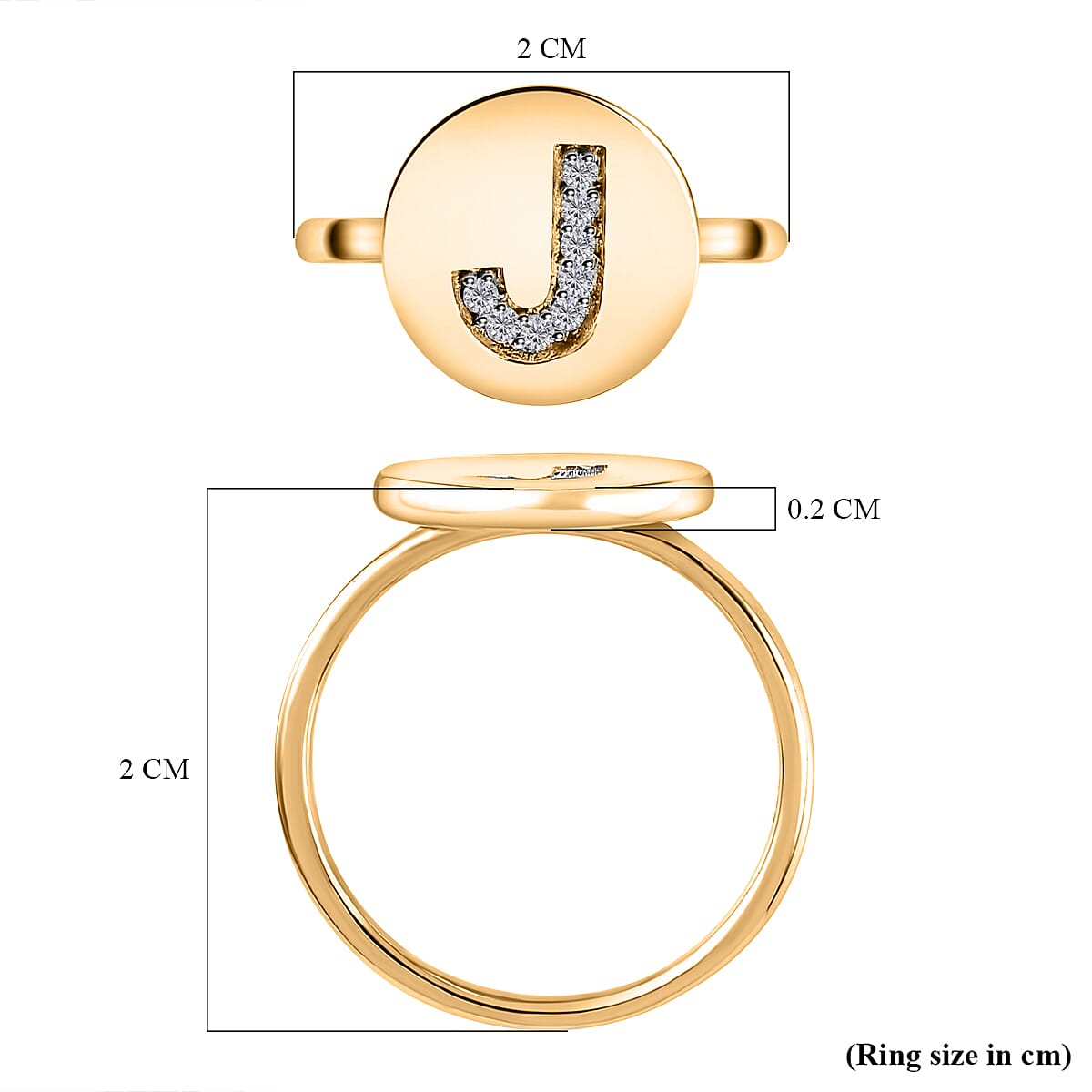 Natural White Diamond Initial-J Ring in 18K Yellow Gold Vermeil Plated Sterling Silver.