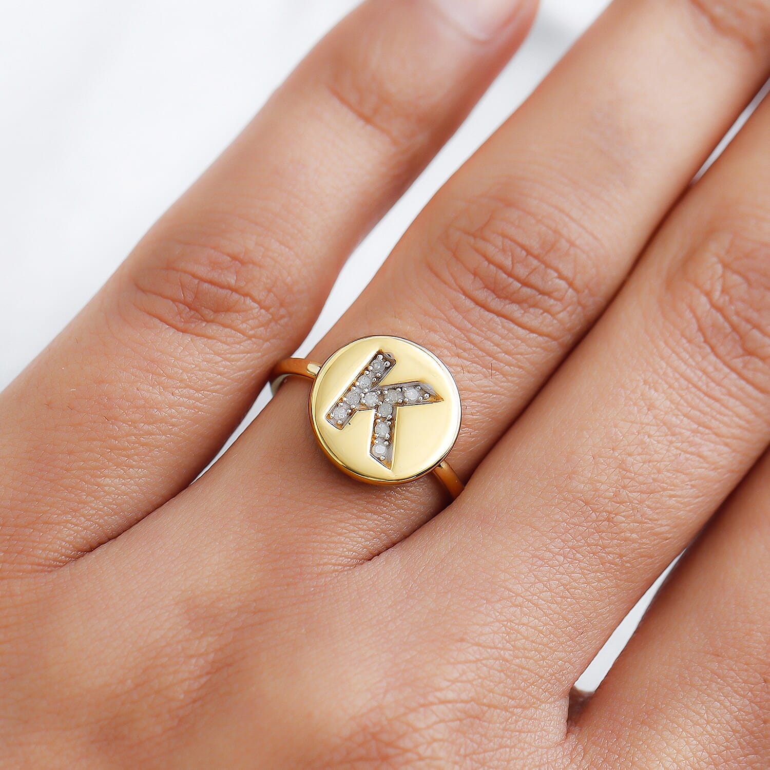 White Diamond Initial-K Ring in 14K Gold Overlay Sterling Silver