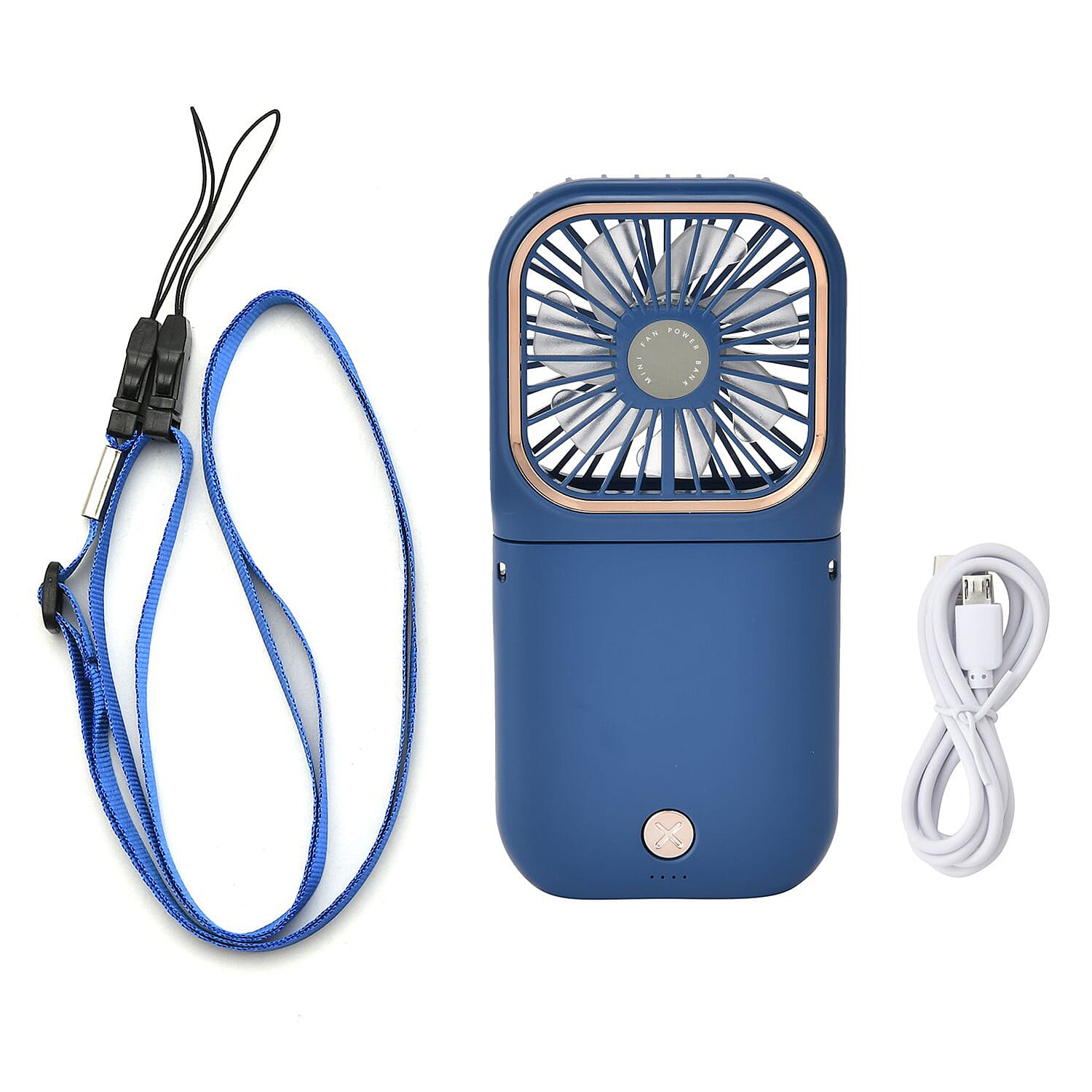 Foldable & Rechargable 3 Speed Fan, Phone Holder, Power Bank with Neck Strap (Works upto 8hrs)- Navy