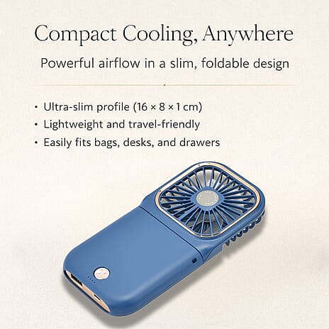 Foldable & Rechargable 3 Speed Fan, Phone Holder, Power Bank with Neck Strap (Works upto 8hrs)- Navy