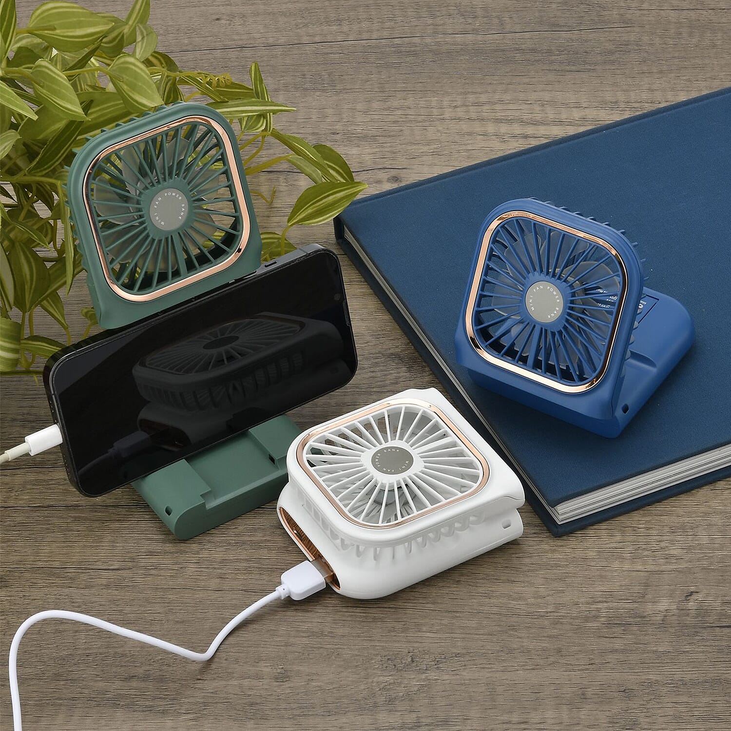 Foldable & Rechargable 3 Speed Fan, Phone Holder, Power Bank with Neck Strap (Works upto 8hrs)- Navy