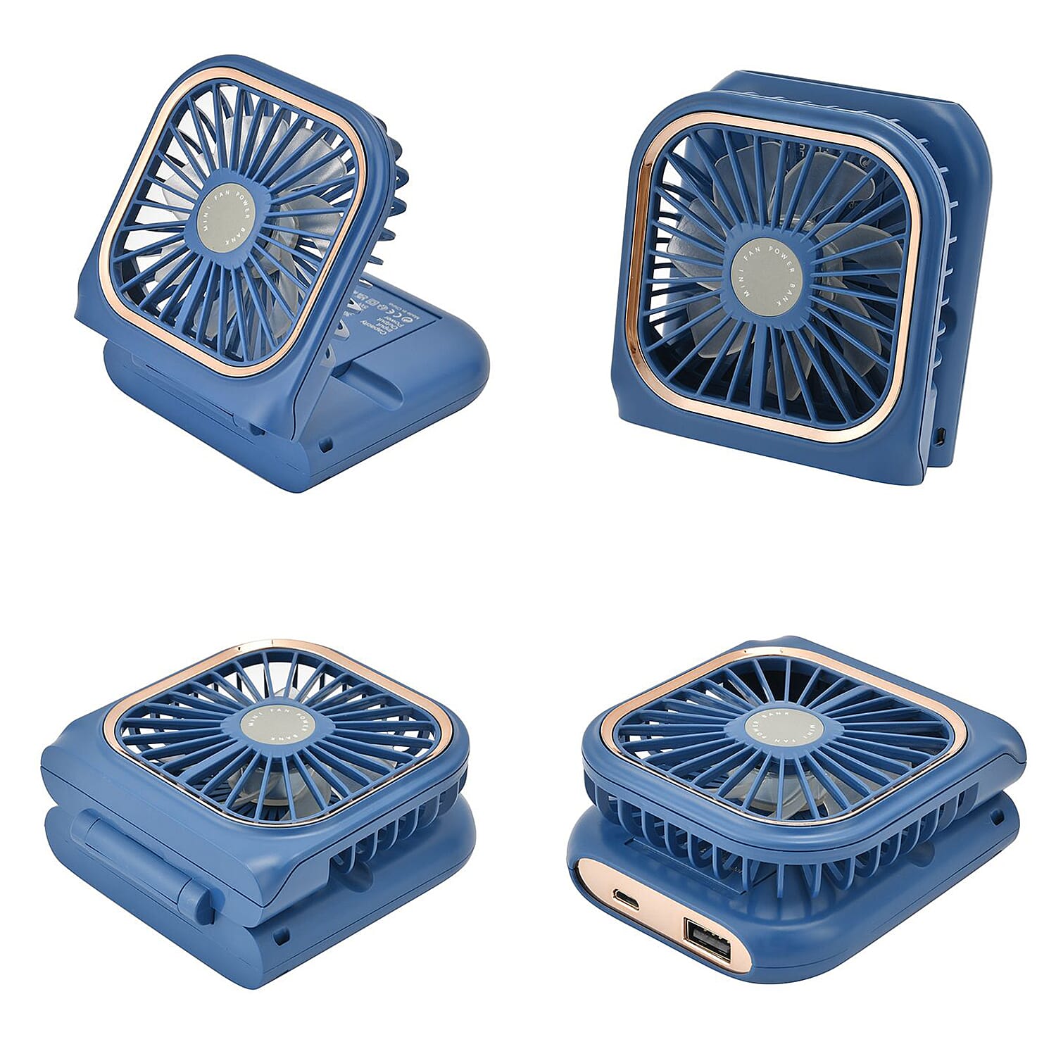 Foldable & Rechargable 3 Speed Fan, Phone Holder, Power Bank with Neck Strap (Works upto 8hrs)- Navy