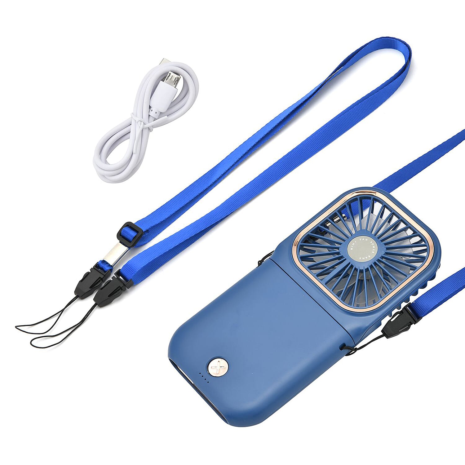 Foldable & Rechargable 3 Speed Fan, Phone Holder, Power Bank with Neck Strap (Works upto 8hrs)- Navy