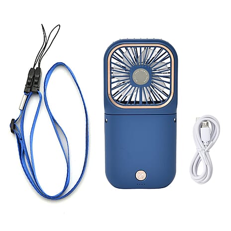Foldable & Rechargable 3 Speed Fan, Phone Holder, Power Bank with Neck Strap (Works upto 8hrs)- Navy