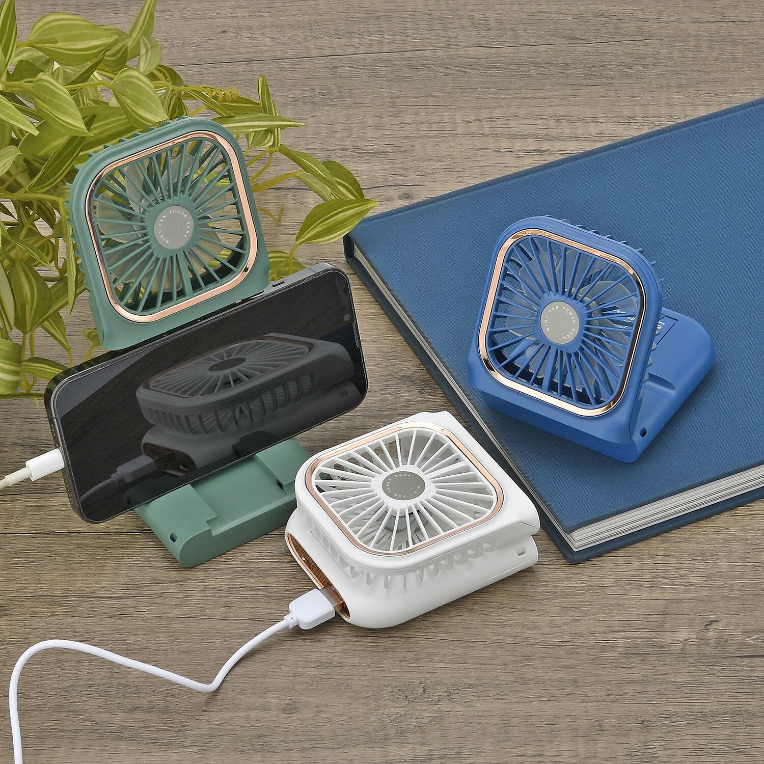 Foldable & Rechargable 3 Speed Fan, Phone Holder, Power Bank with Neck Strap (Works upto 8hrs)- Navy