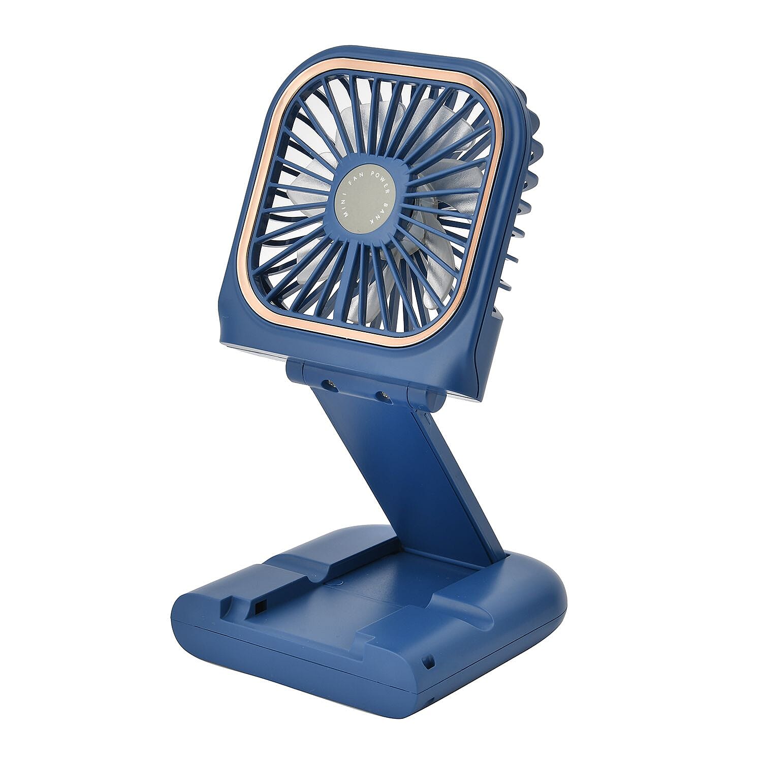 Foldable & Rechargable 3 Speed Fan, Phone Holder, Power Bank with Neck Strap (Works upto 8hrs)- Navy