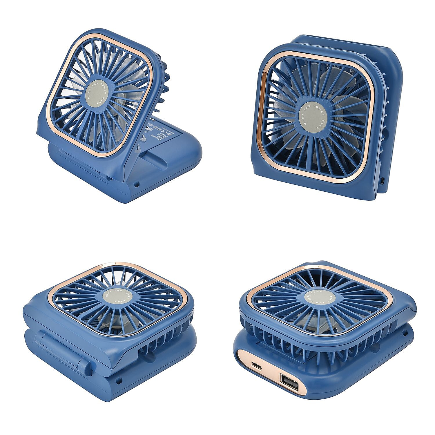 Foldable & Rechargable 3 Speed Fan, Phone Holder, Power Bank with Neck Strap (Works upto 8hrs)- Navy