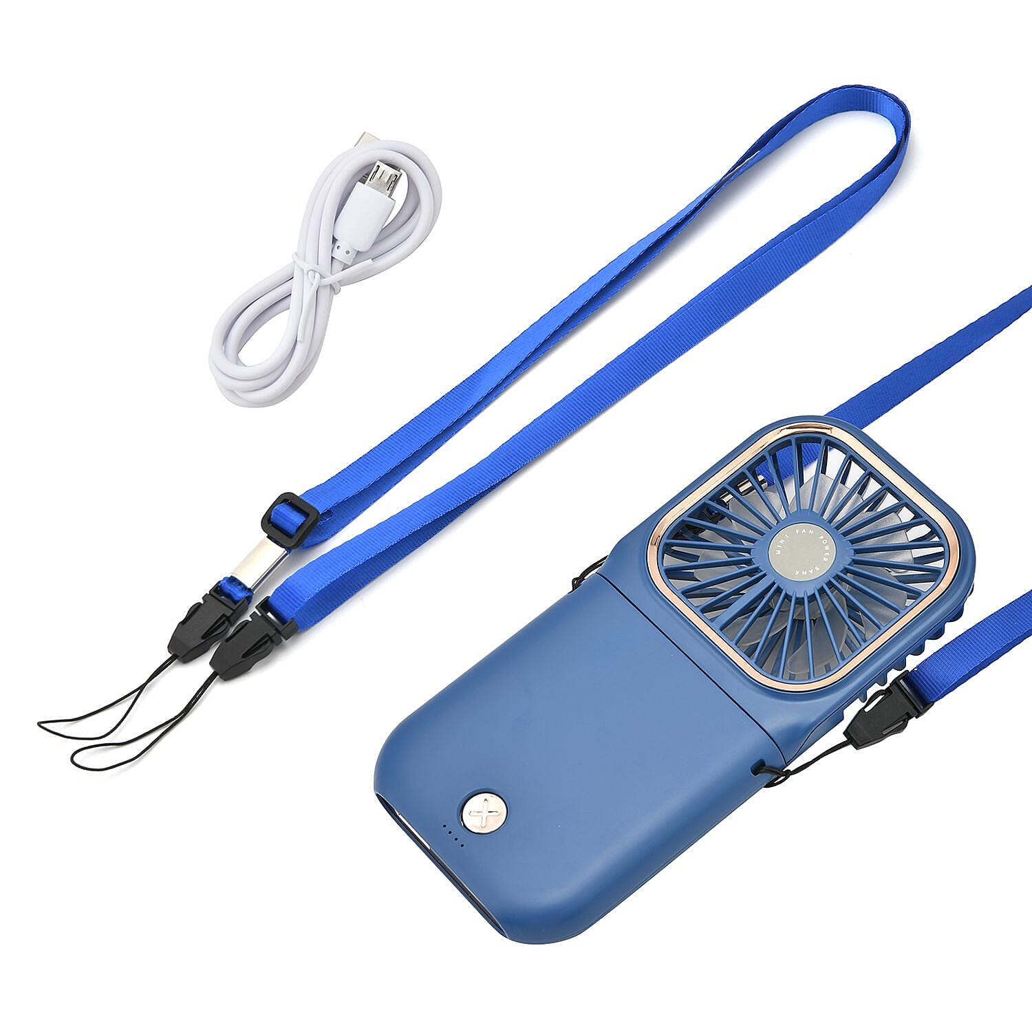 Foldable & Rechargable 3 Speed Fan, Phone Holder, Power Bank with Neck Strap (Works upto 8hrs)- Navy