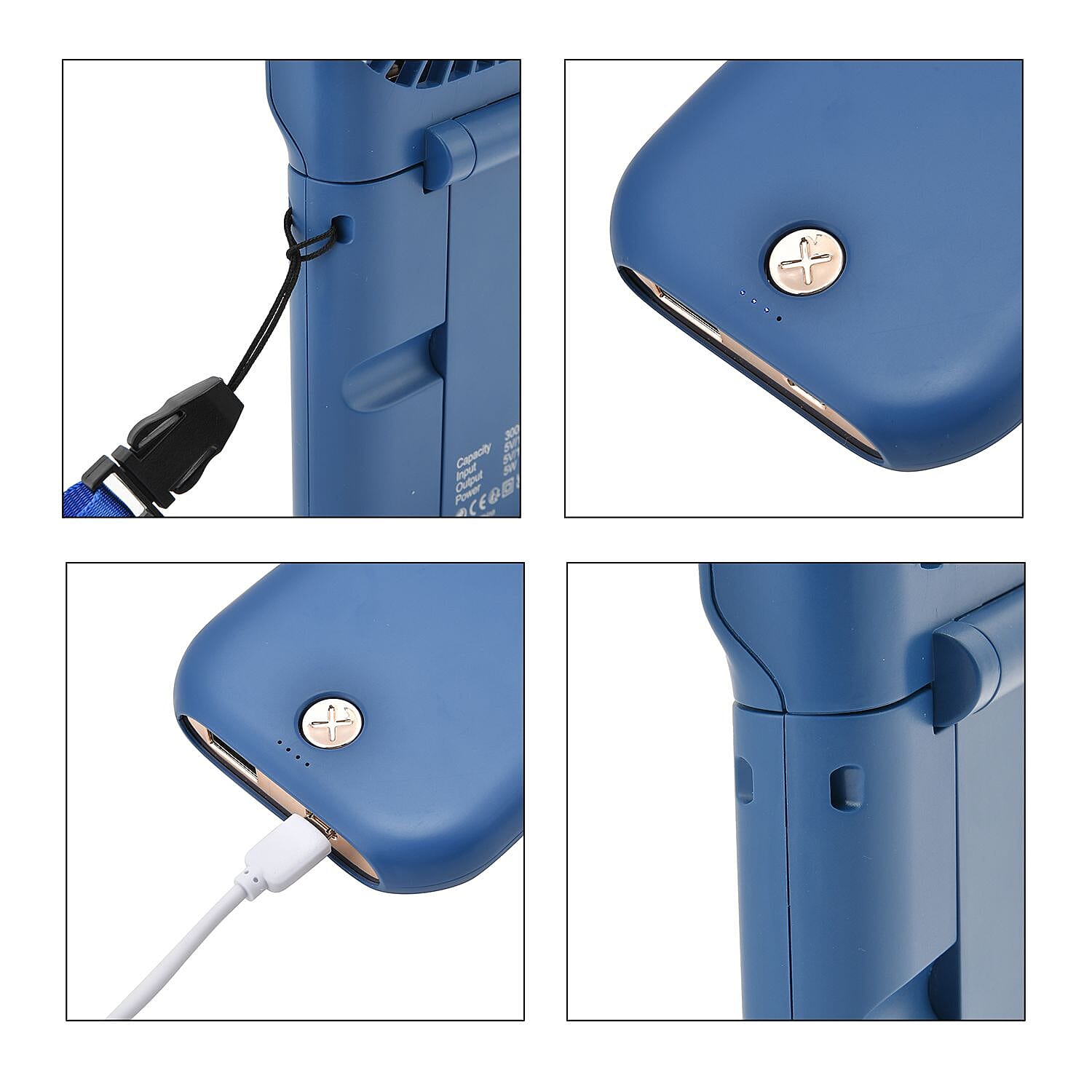 Foldable & Rechargable 3 Speed Fan, Phone Holder, Power Bank with Neck Strap (Works upto 8hrs)- Navy