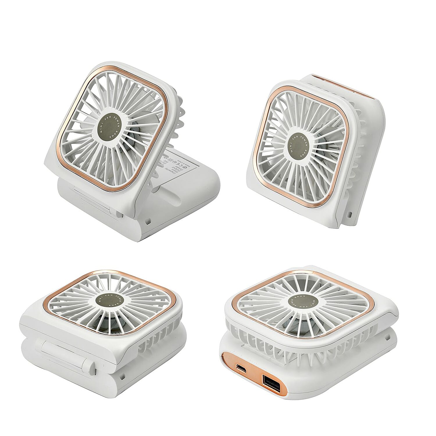 Foldable & Rechargable 3 Speed Fan, Phone Holder, Power Bank with Neck Strap (Works upto 8hrs) - White